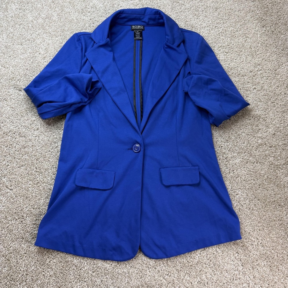 SOHO Apparel LTD. Blazer Jacket Womens M Blue 3/4 Sleeve Single Button Pockets